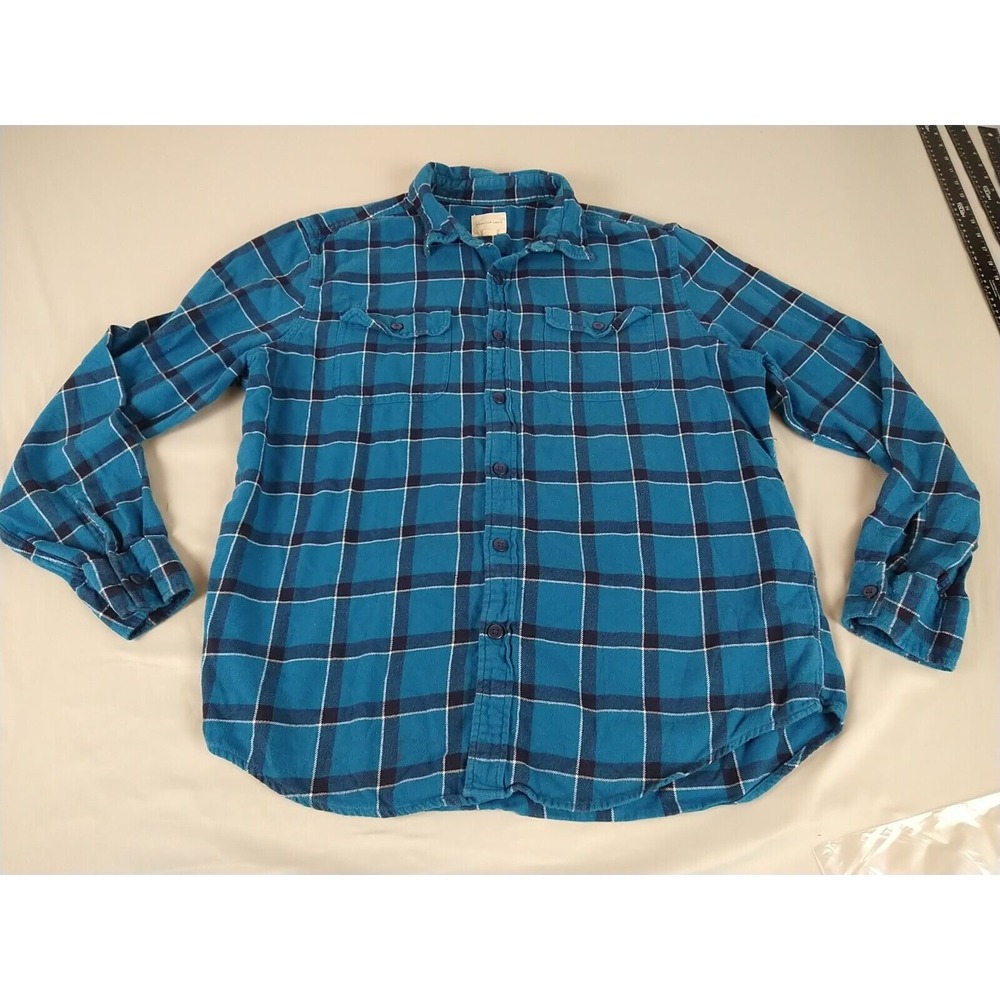 American Eagle Flannel Shirt Men XL Blue Plaid Pockets Long Sleeve Soft Warm